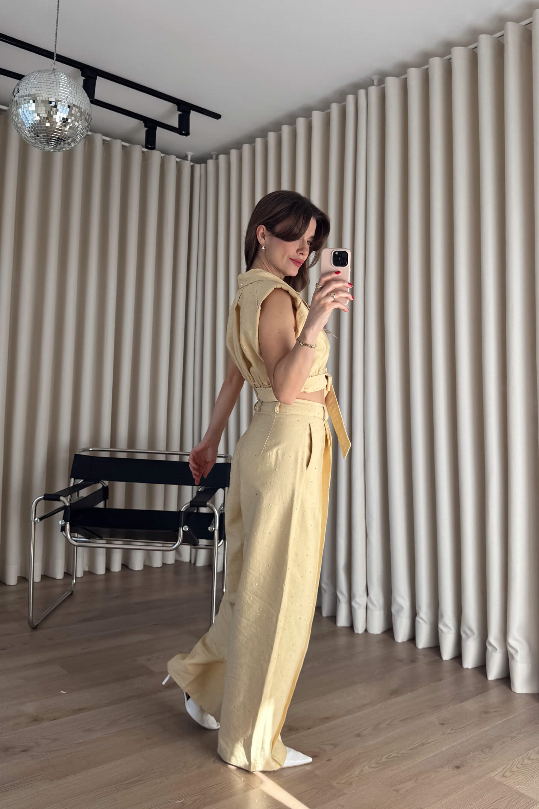Butter Yellow Taşlı Yüksek Bel Kemerli Yelek Pantolon Takım
