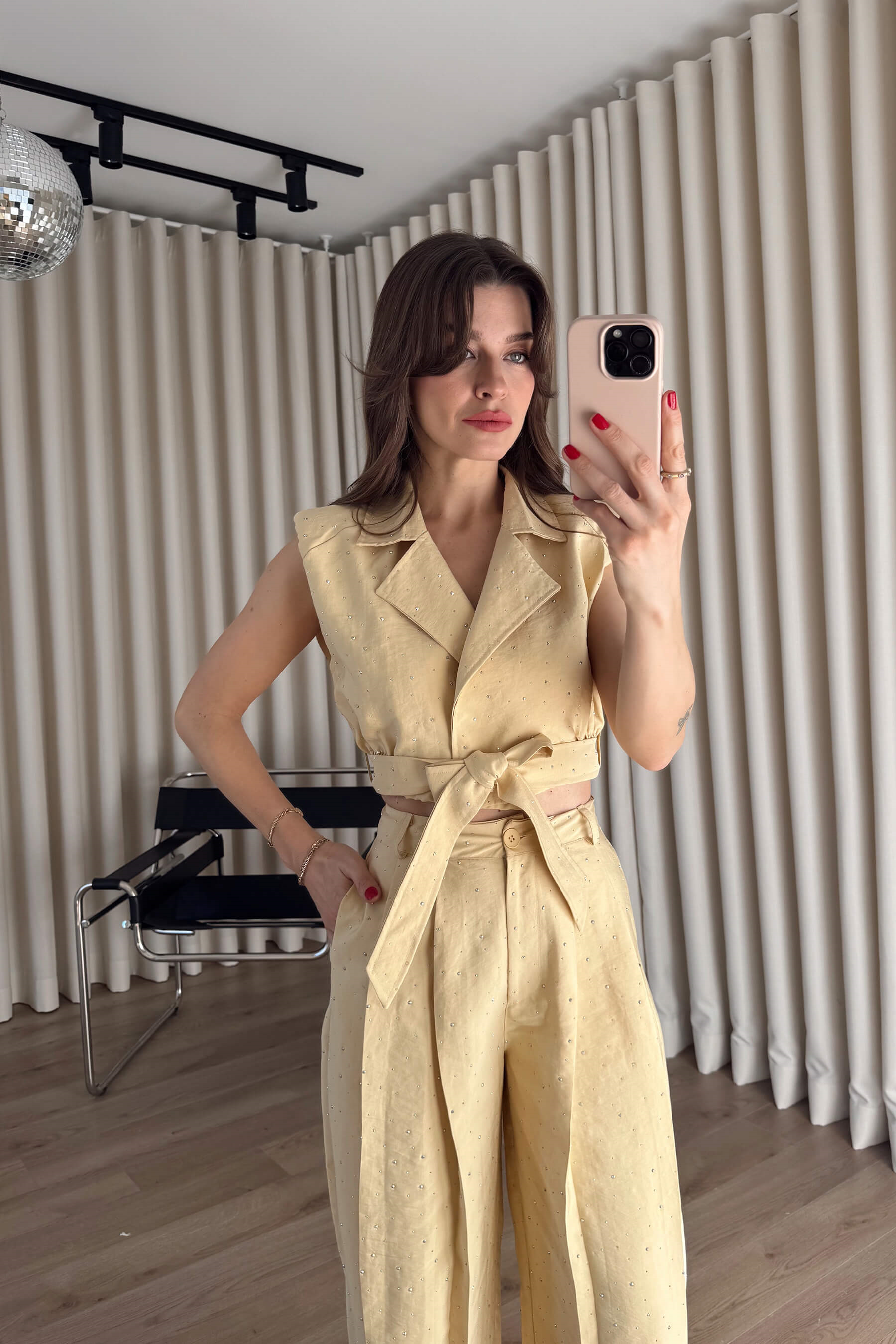 Butter Yellow Taşlı Yüksek Bel Kemerli Yelek Pantolon Takım
