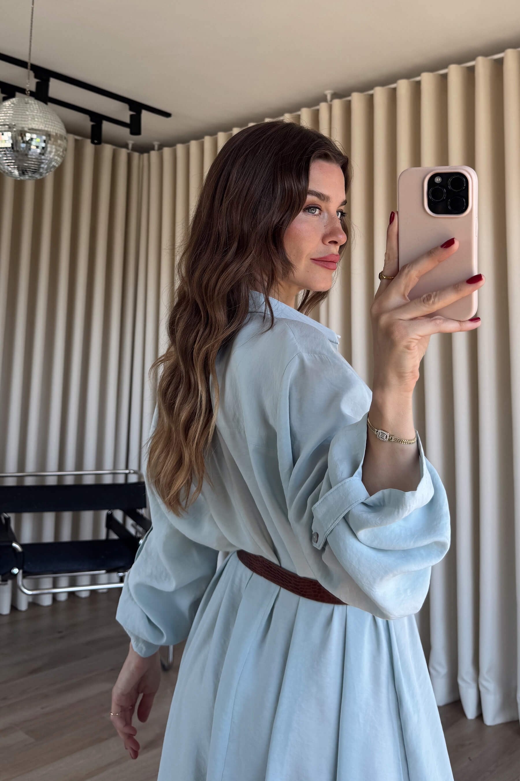 Buz Mavisi Oversize Kemerli Modal Gömlek Elbise