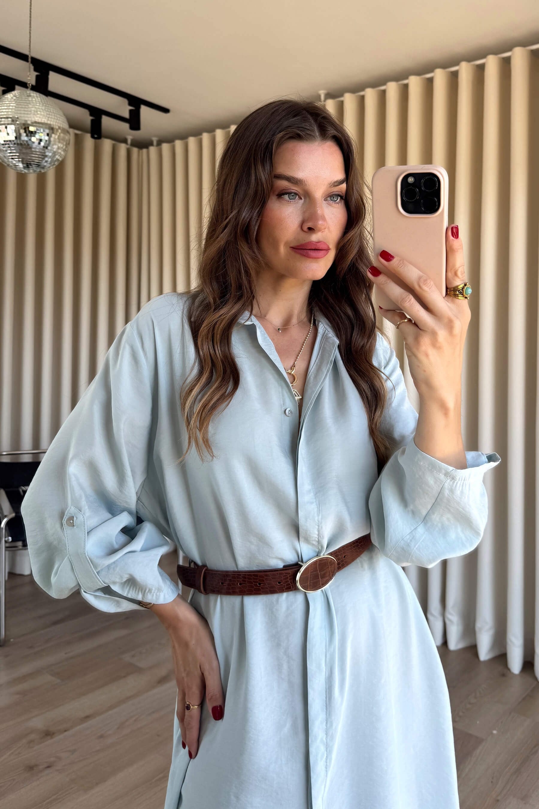 Buz Mavisi Oversize Kemerli Modal Gömlek Elbise