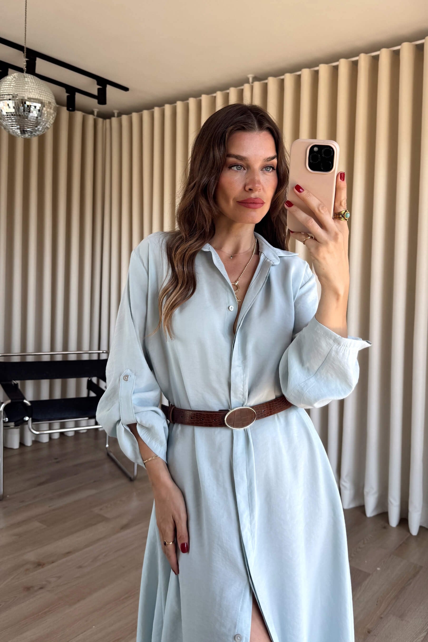 Buz Mavisi Oversize Kemerli Modal Gömlek Elbise