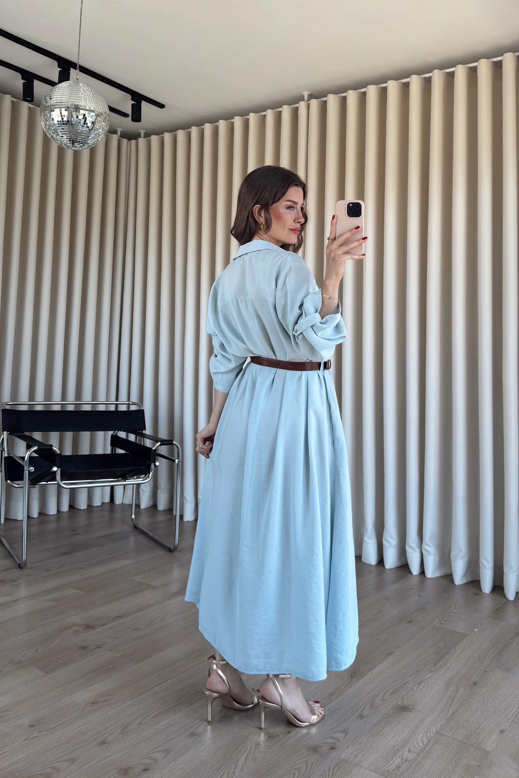 Buz Mavisi Oversize Kemerli Modal Gömlek Elbise