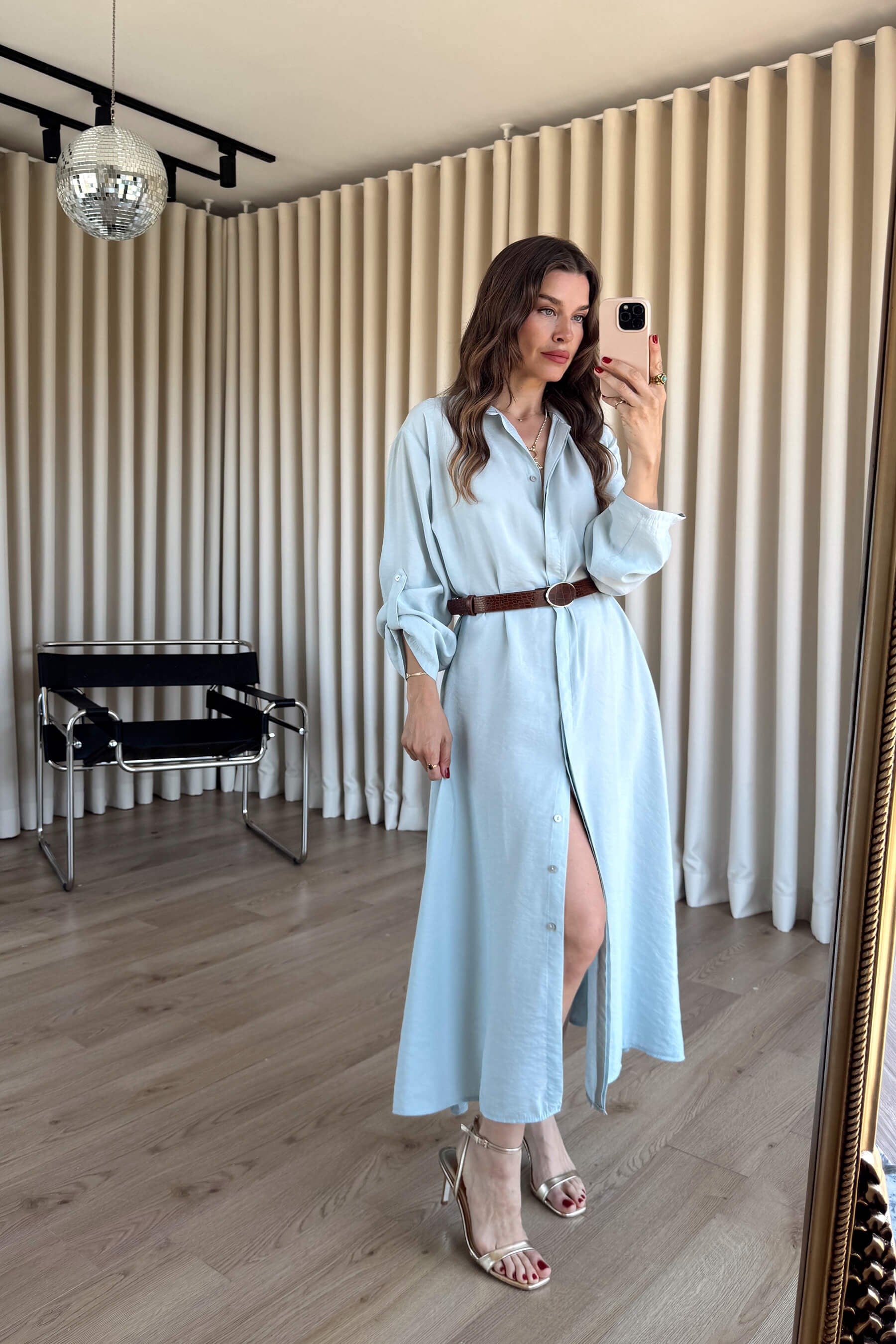 Buz Mavisi Oversize Kemerli Modal Gömlek Elbise