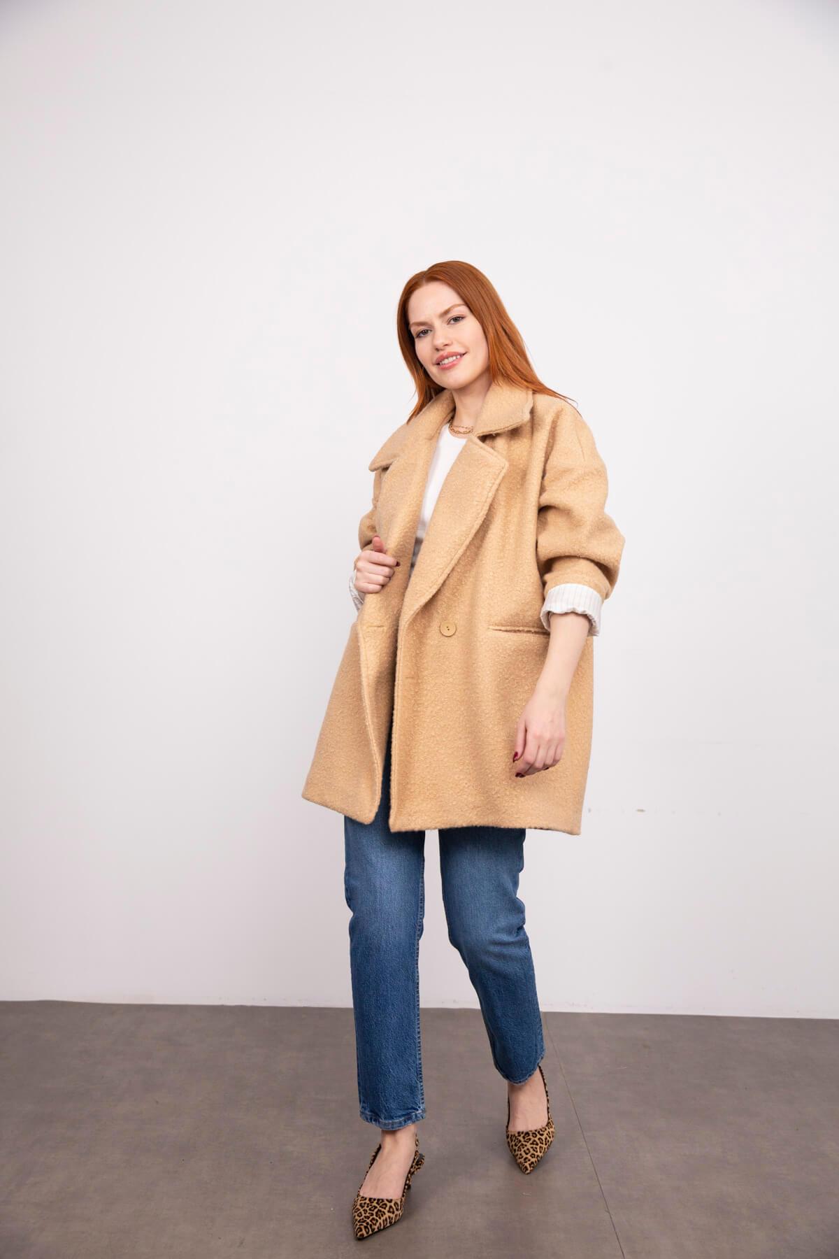 Camel Astarlı Buklet Kaban