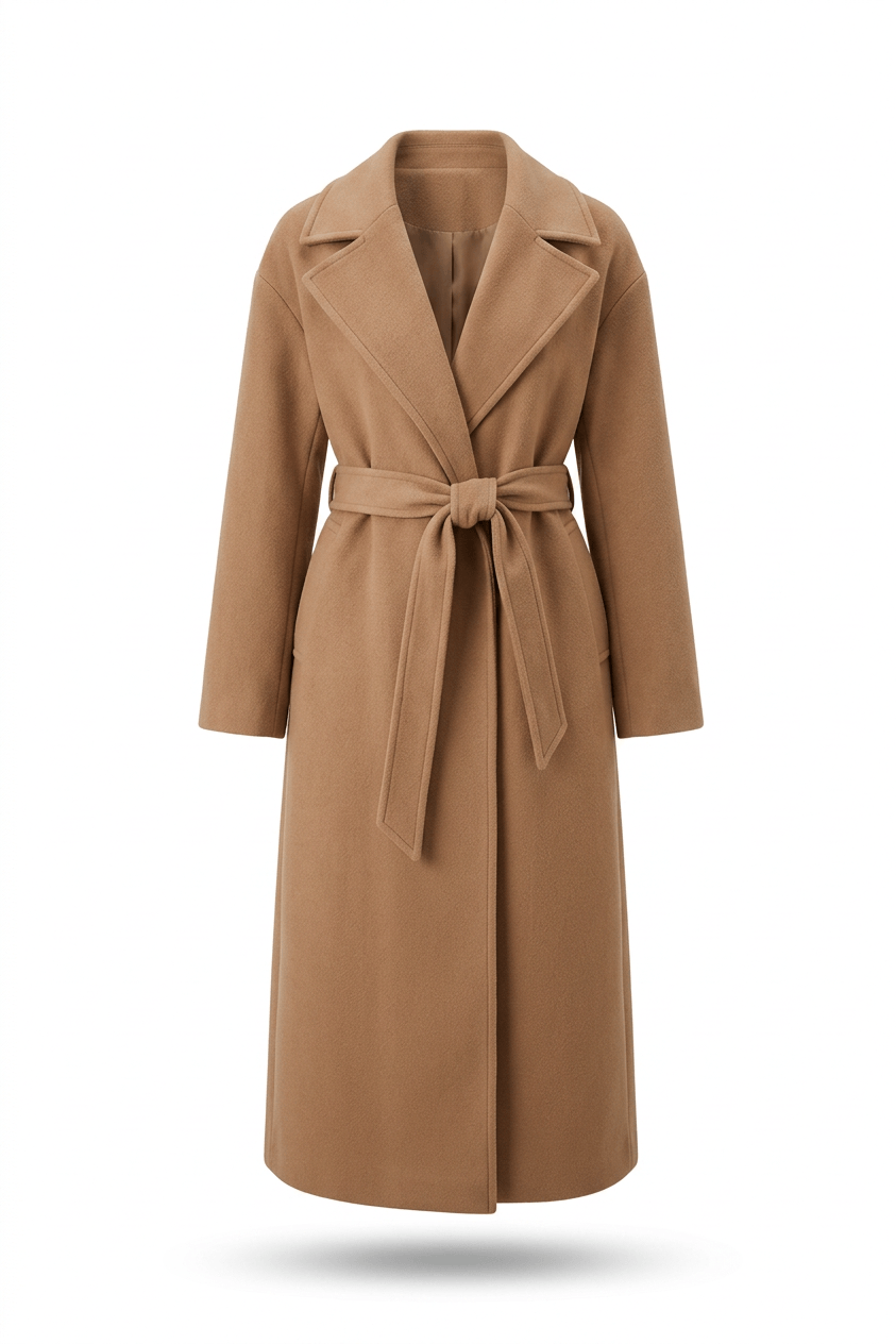 Camel Astarlı Kruvaze Oversize Yün Kaban