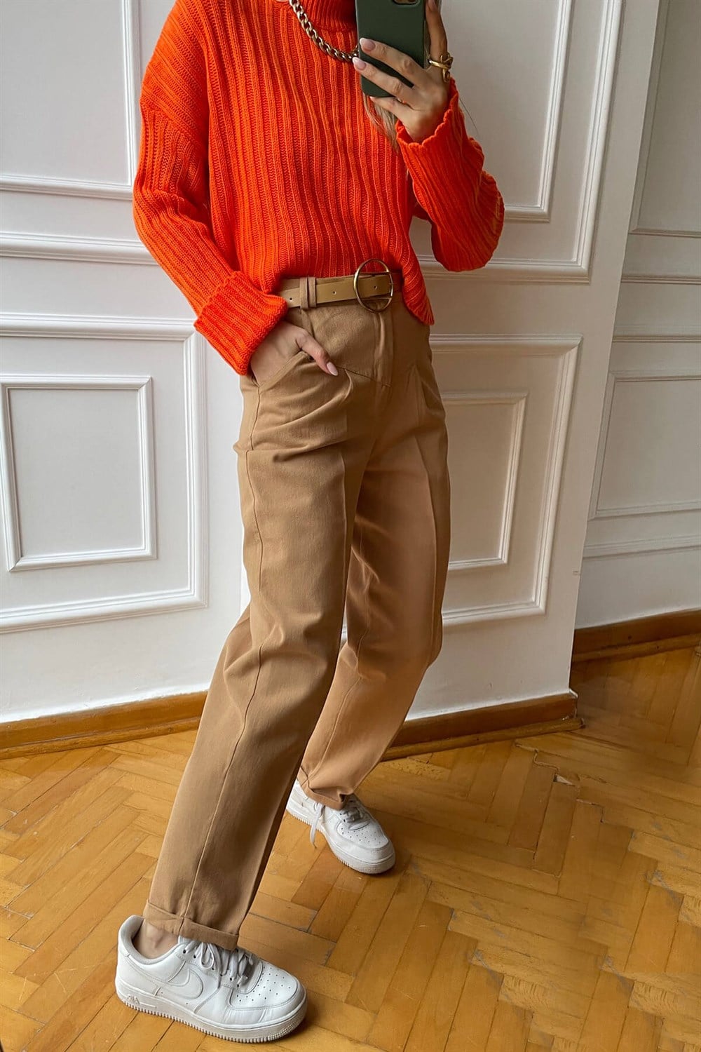 Camel Duble Paça Kemerli Gabardin Pantolon