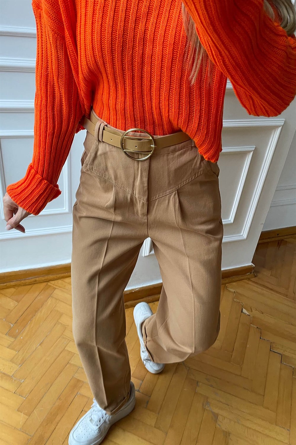 Camel Duble Paça Kemerli Gabardin Pantolon