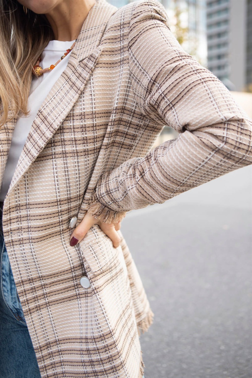 Camel Ekoseli Püsküllü Blazer Ceket