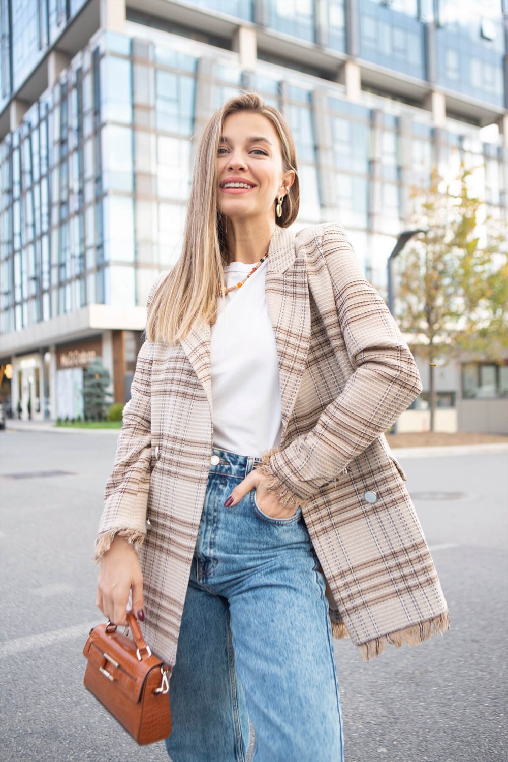 Camel Ekoseli Püsküllü Blazer Ceket