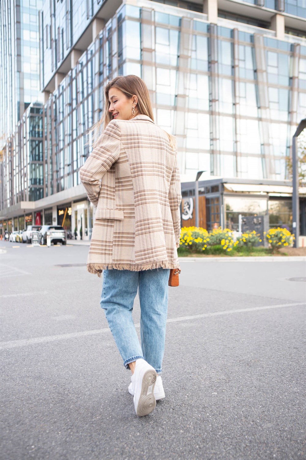 Camel Ekoseli Püsküllü Blazer Ceket