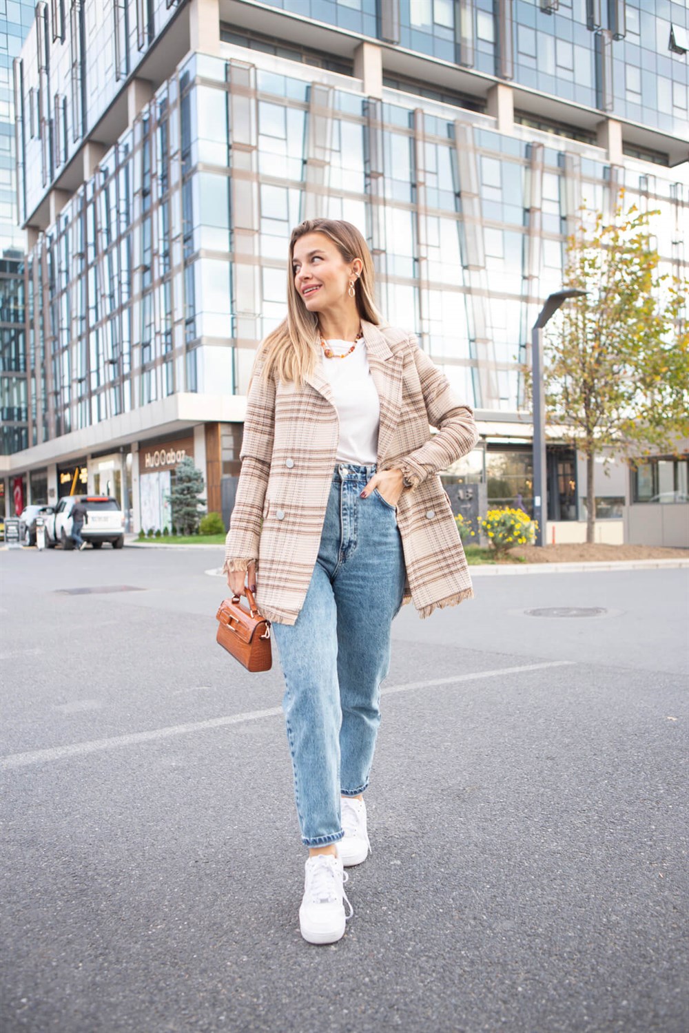 Camel Ekoseli Püsküllü Blazer Ceket