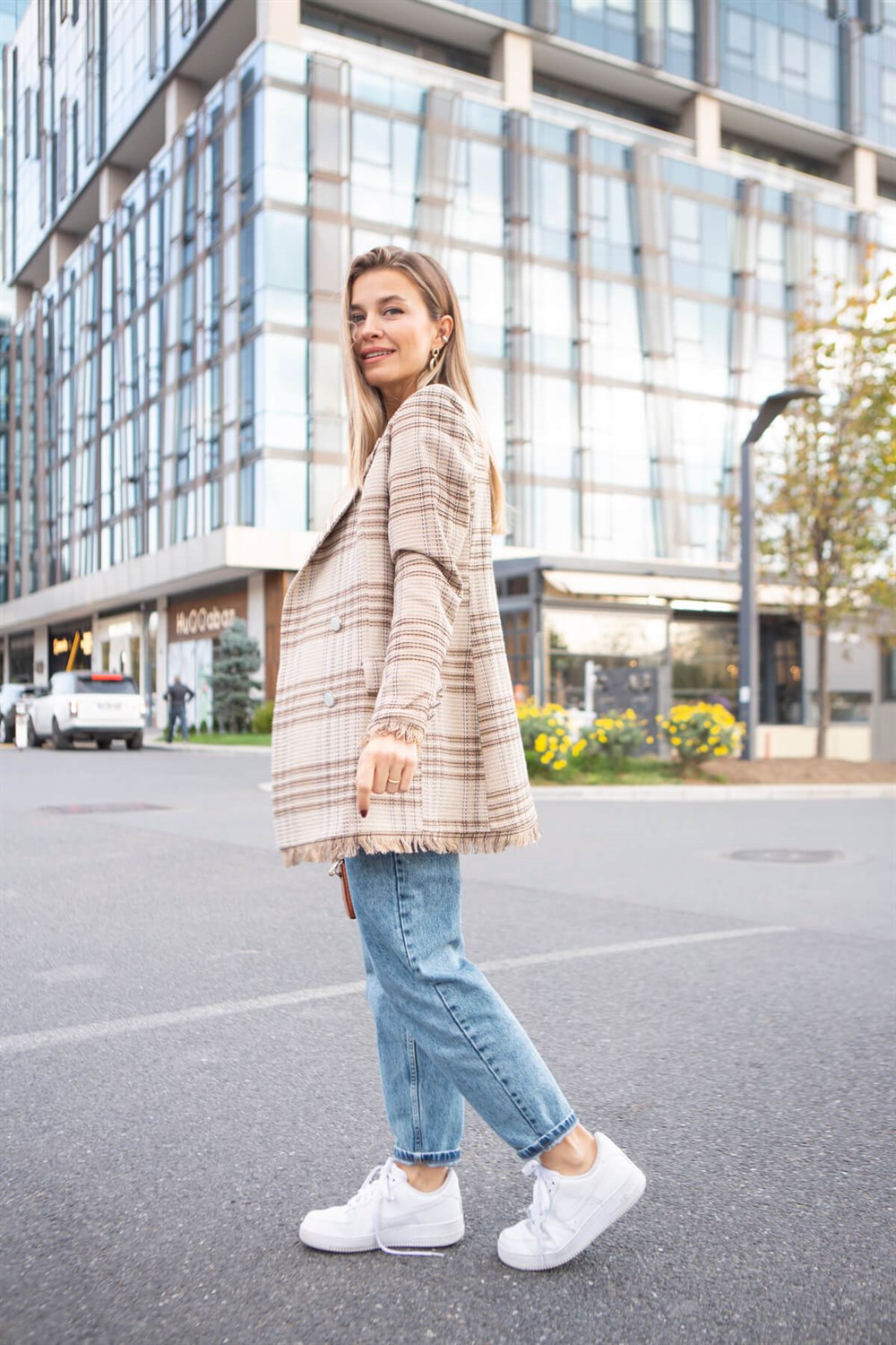 Camel Ekoseli Püsküllü Blazer Ceket