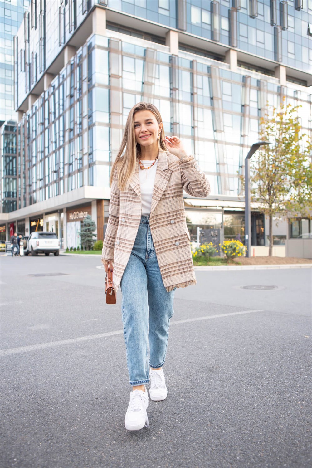 Camel Ekoseli Püsküllü Blazer Ceket