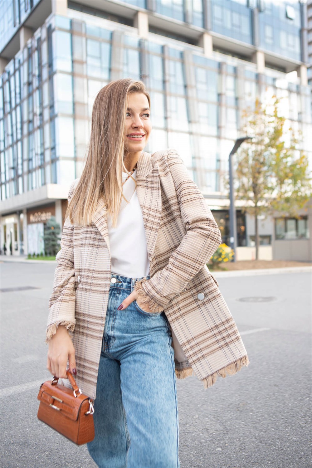 Camel Ekoseli Püsküllü Blazer Ceket