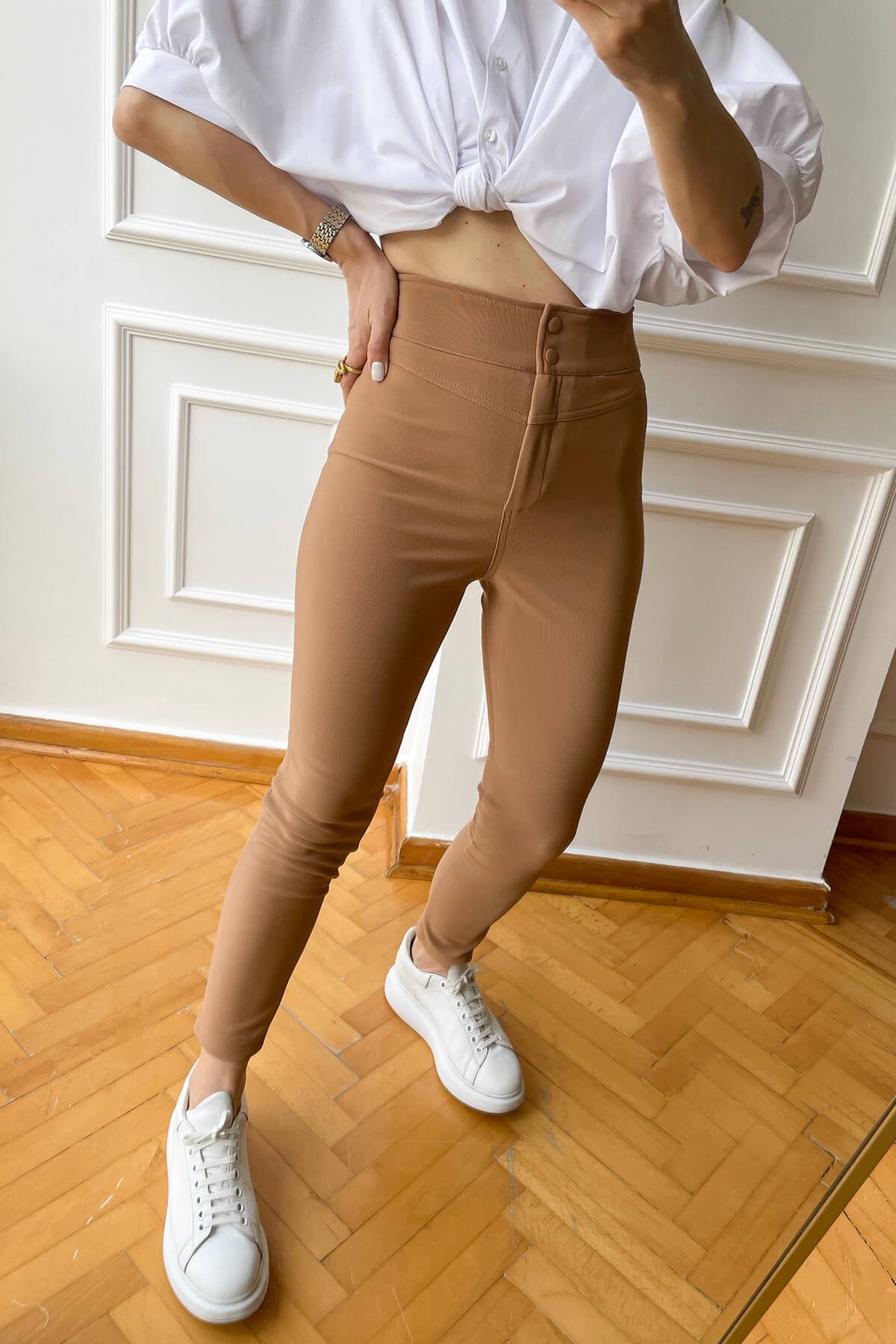 Camel Kaplama Düğmeli Pantolon Tayt