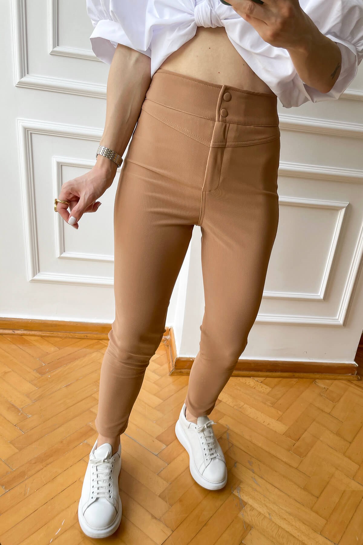 Camel Kaplama Düğmeli Pantolon Tayt