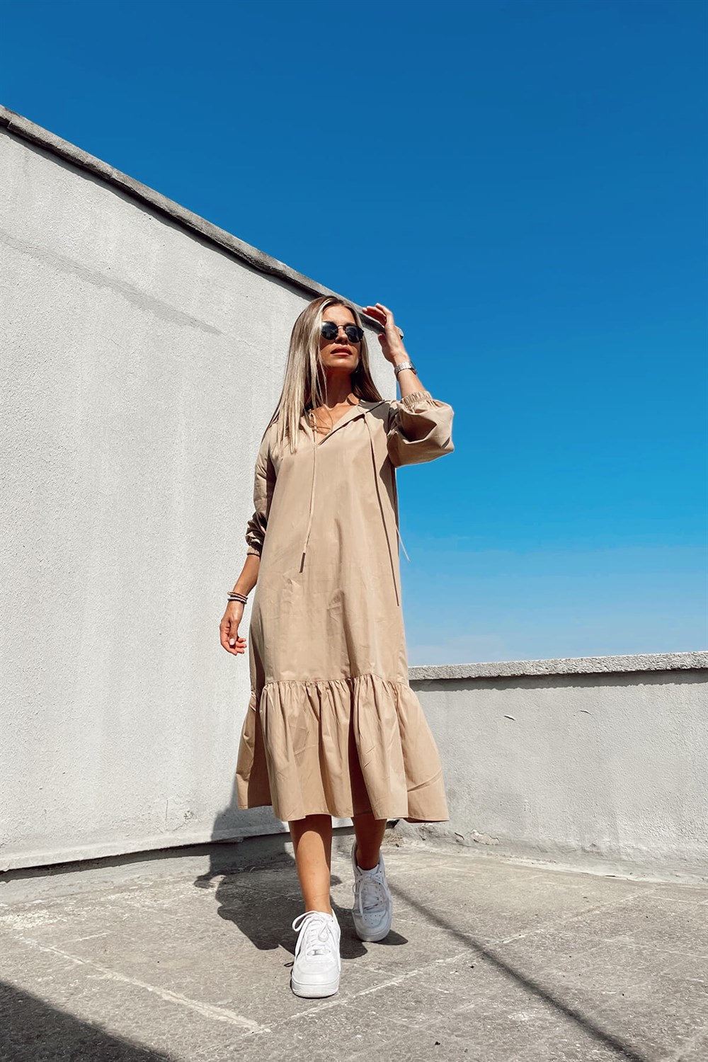 Camel Kapşonlu Poplin Elbise