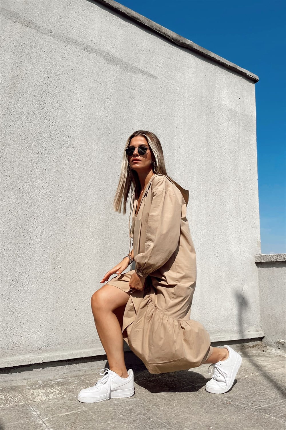 Camel Kapşonlu Poplin Elbise