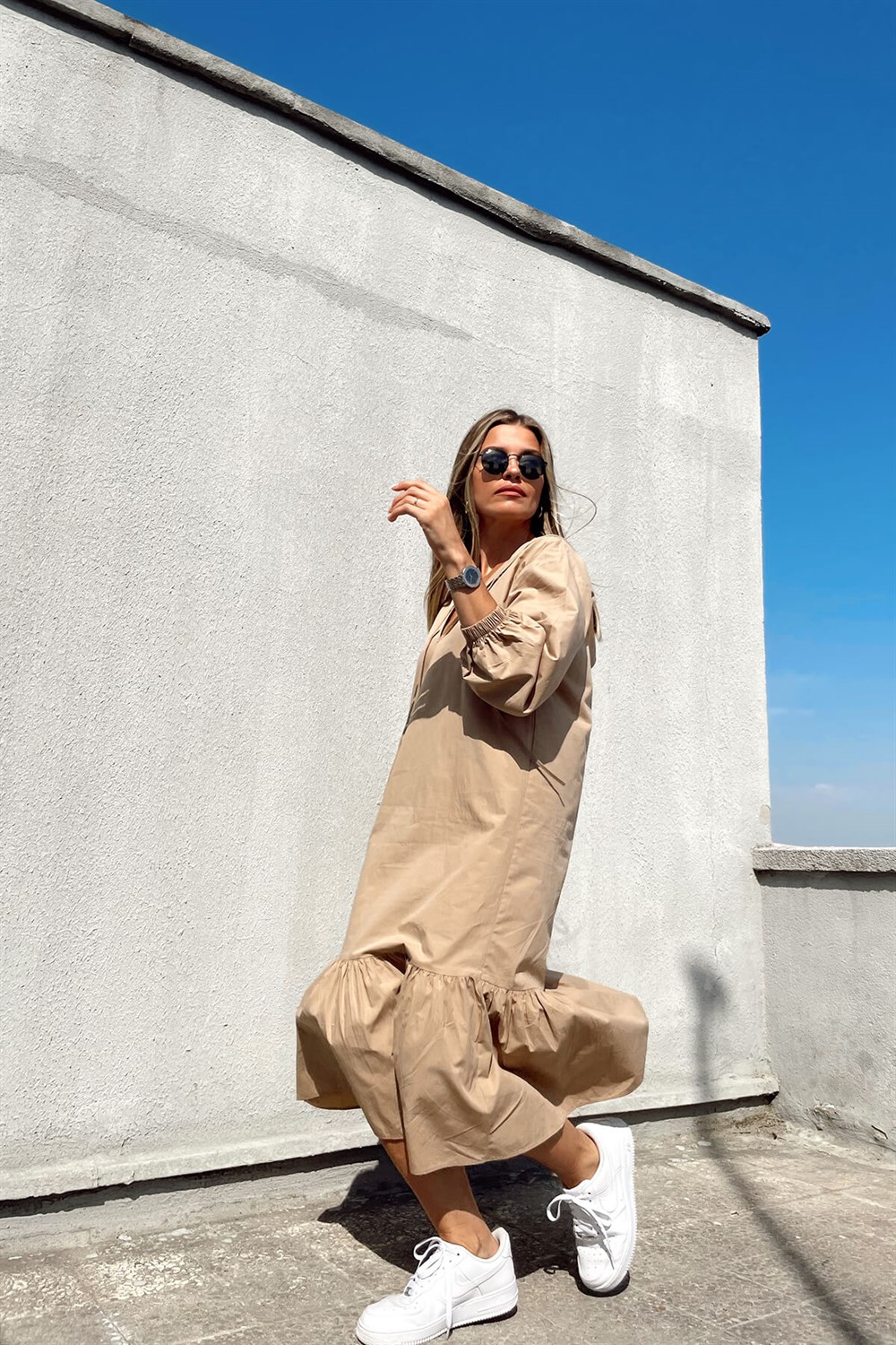 Camel Kapşonlu Poplin Elbise
