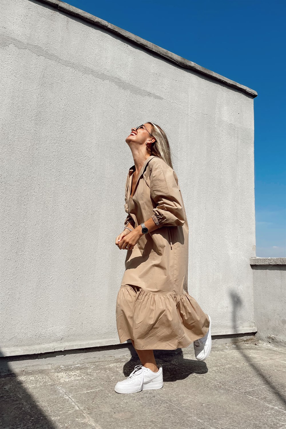 Camel Kapşonlu Poplin Elbise