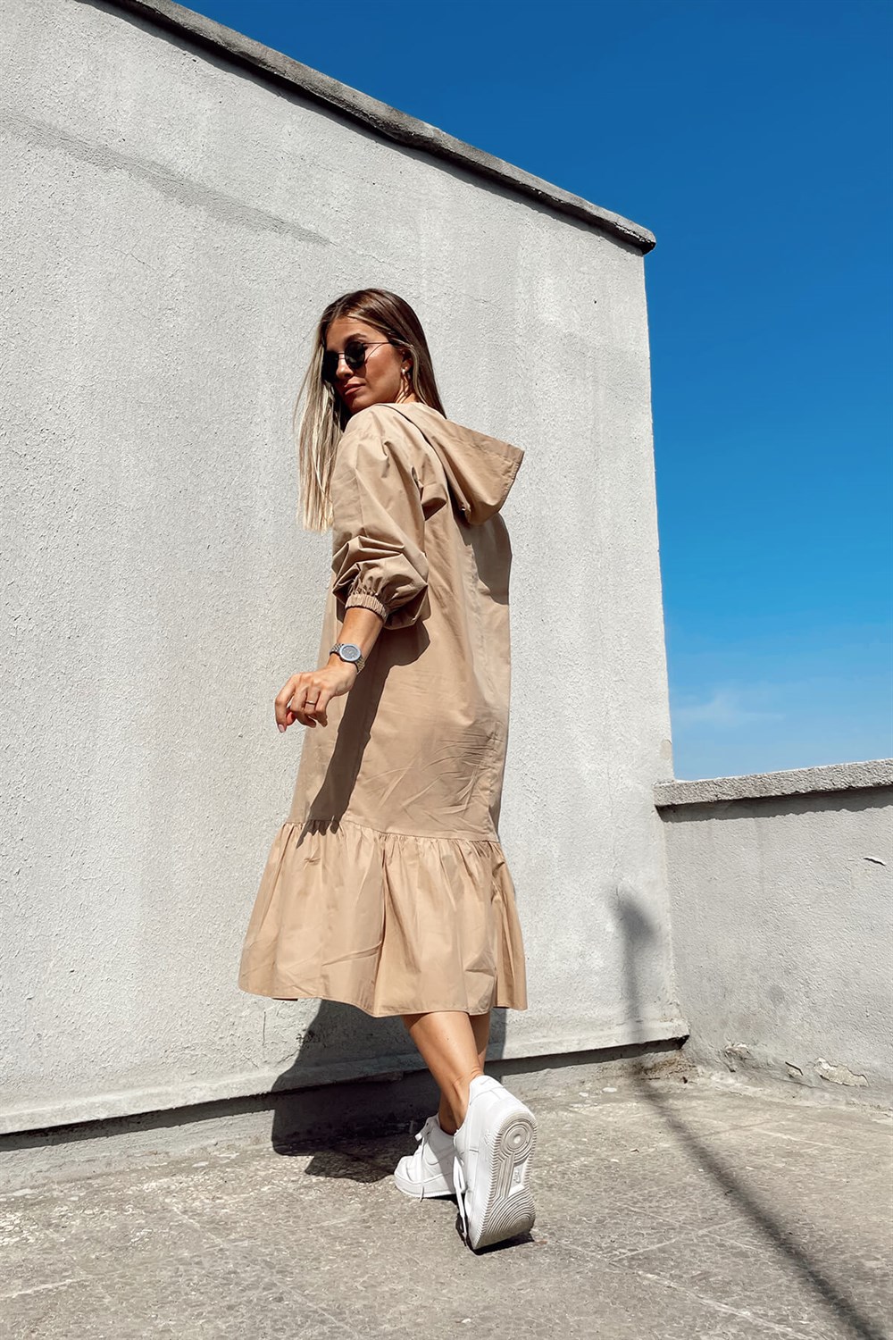 Camel Kapşonlu Poplin Elbise
