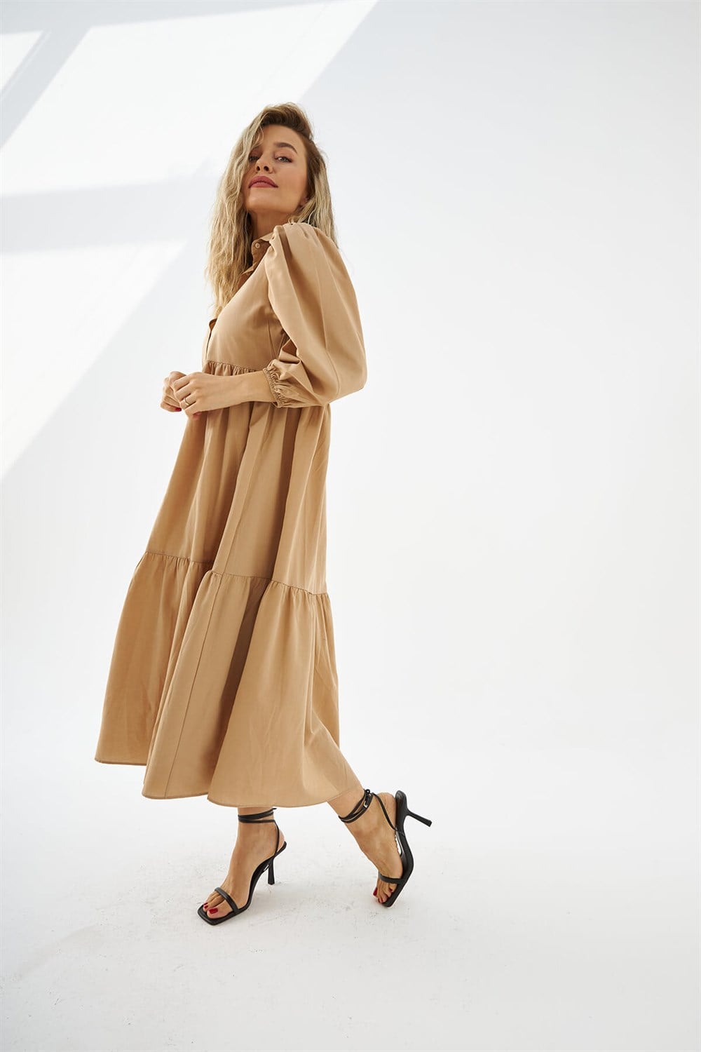 Camel Karpuz Kol Poplin Elbise