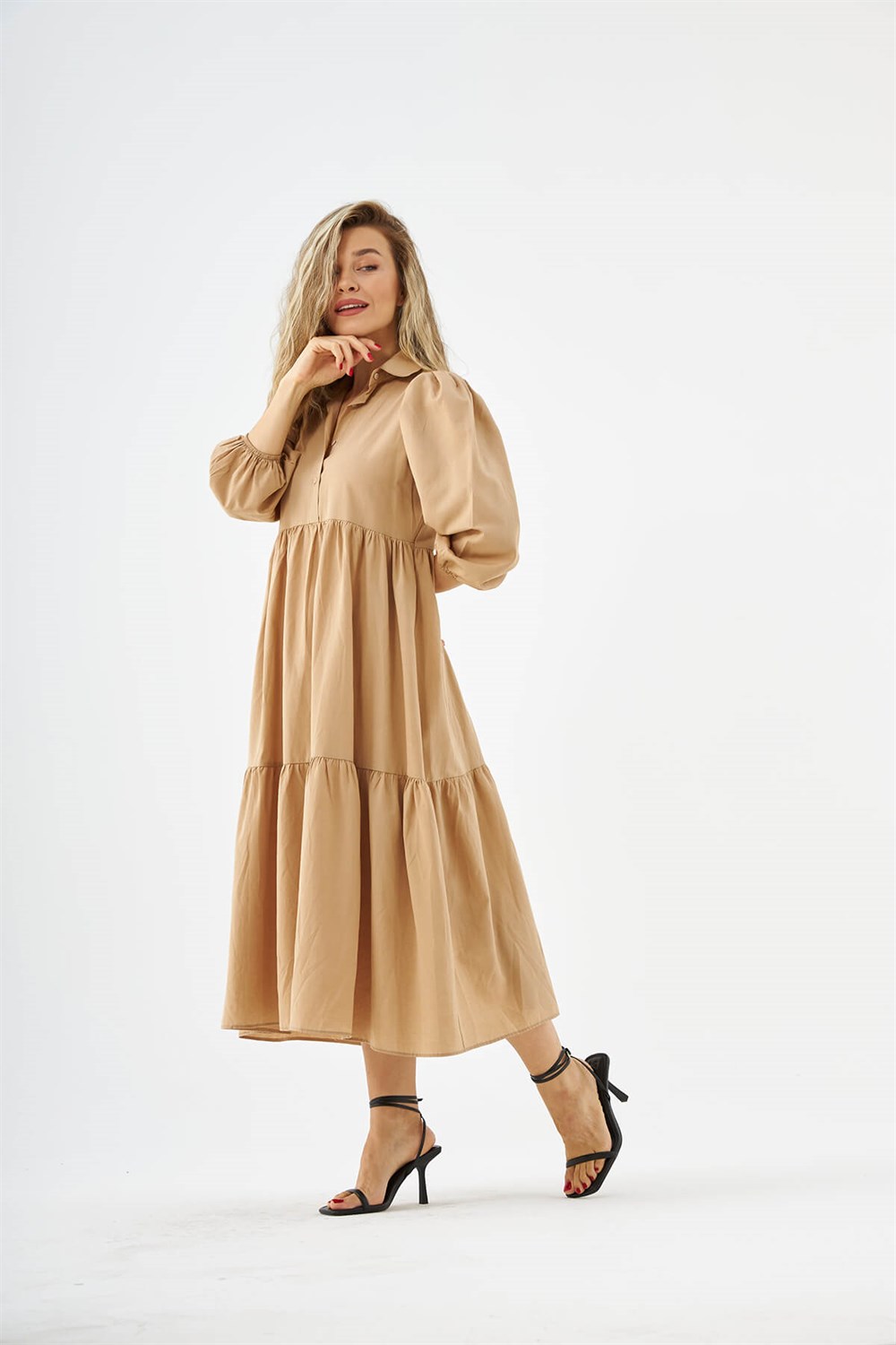 Camel Karpuz Kol Poplin Elbise