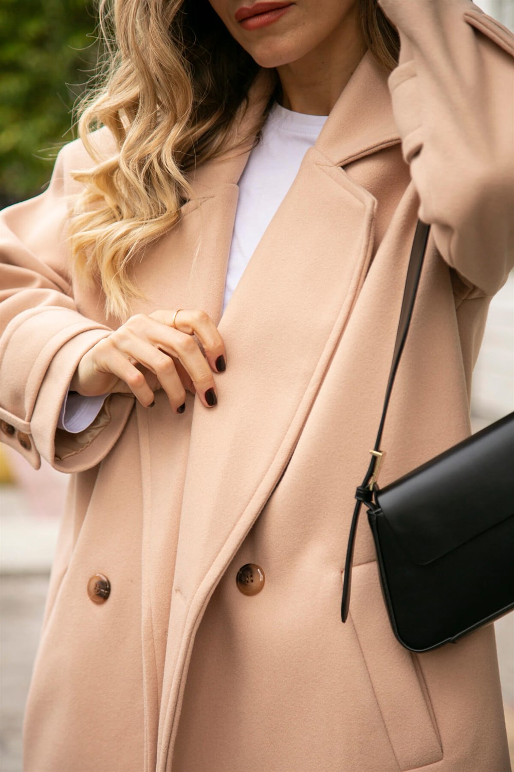 Camel Kruvaze Düğmeli Astarlı Oversize Kaşe Kaban