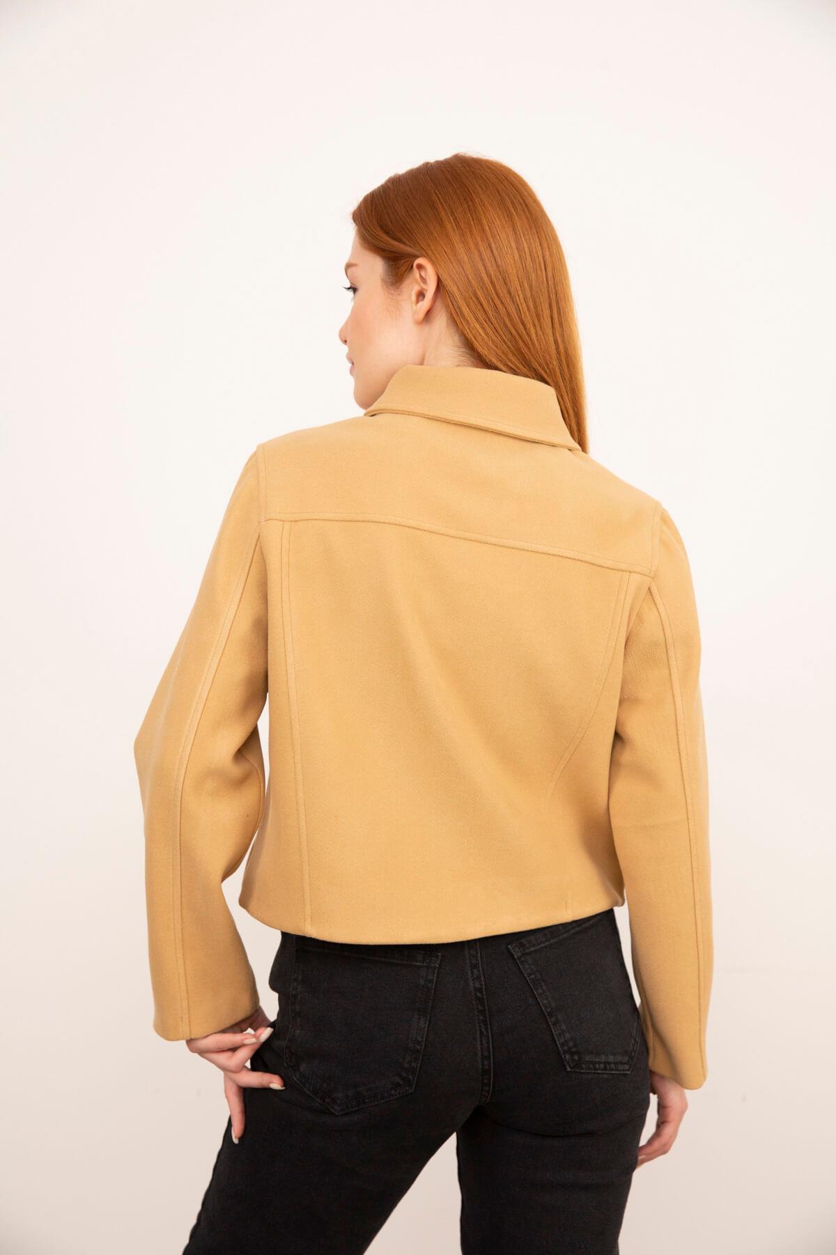 Camel Kruvaze Yaka Fermuarlı Kaşe Crop Ceket