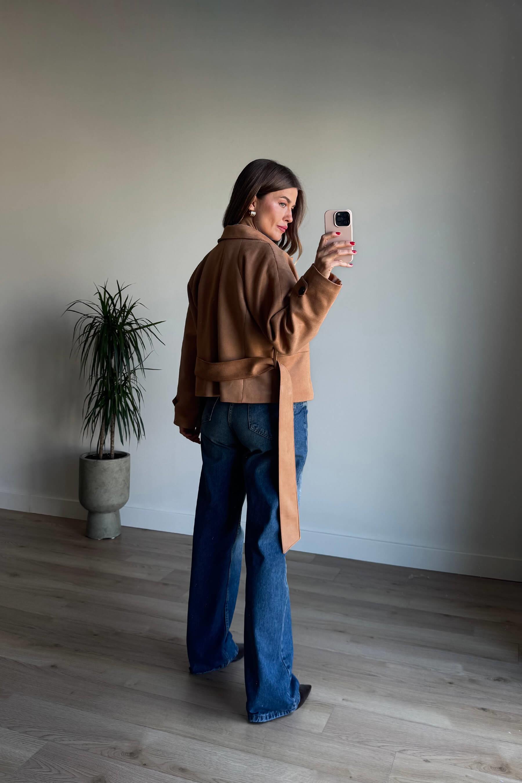 Camel Önü Düğmeli Kuşaklı Premium Süet Ceket