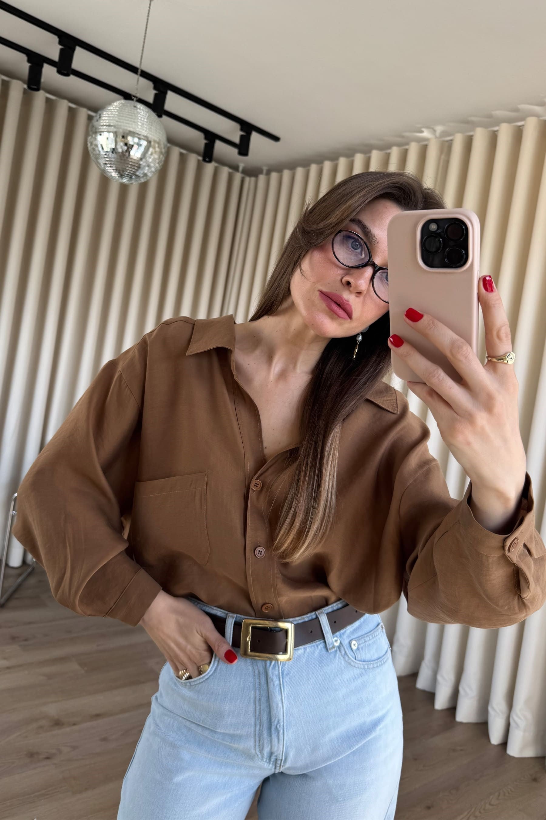 Camel Oversize Modal Kumaş Gömlek