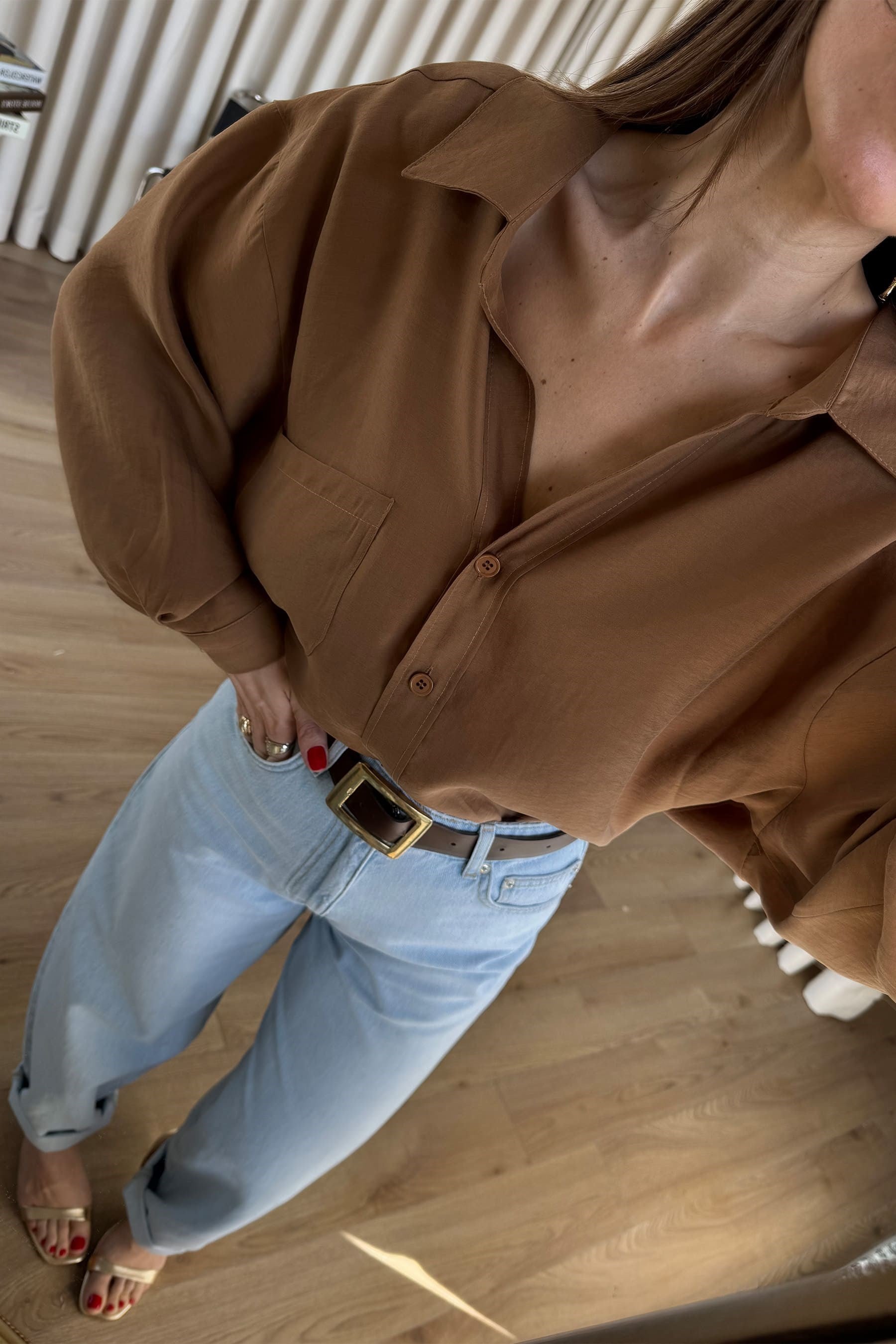 Camel Oversize Modal Kumaş Gömlek