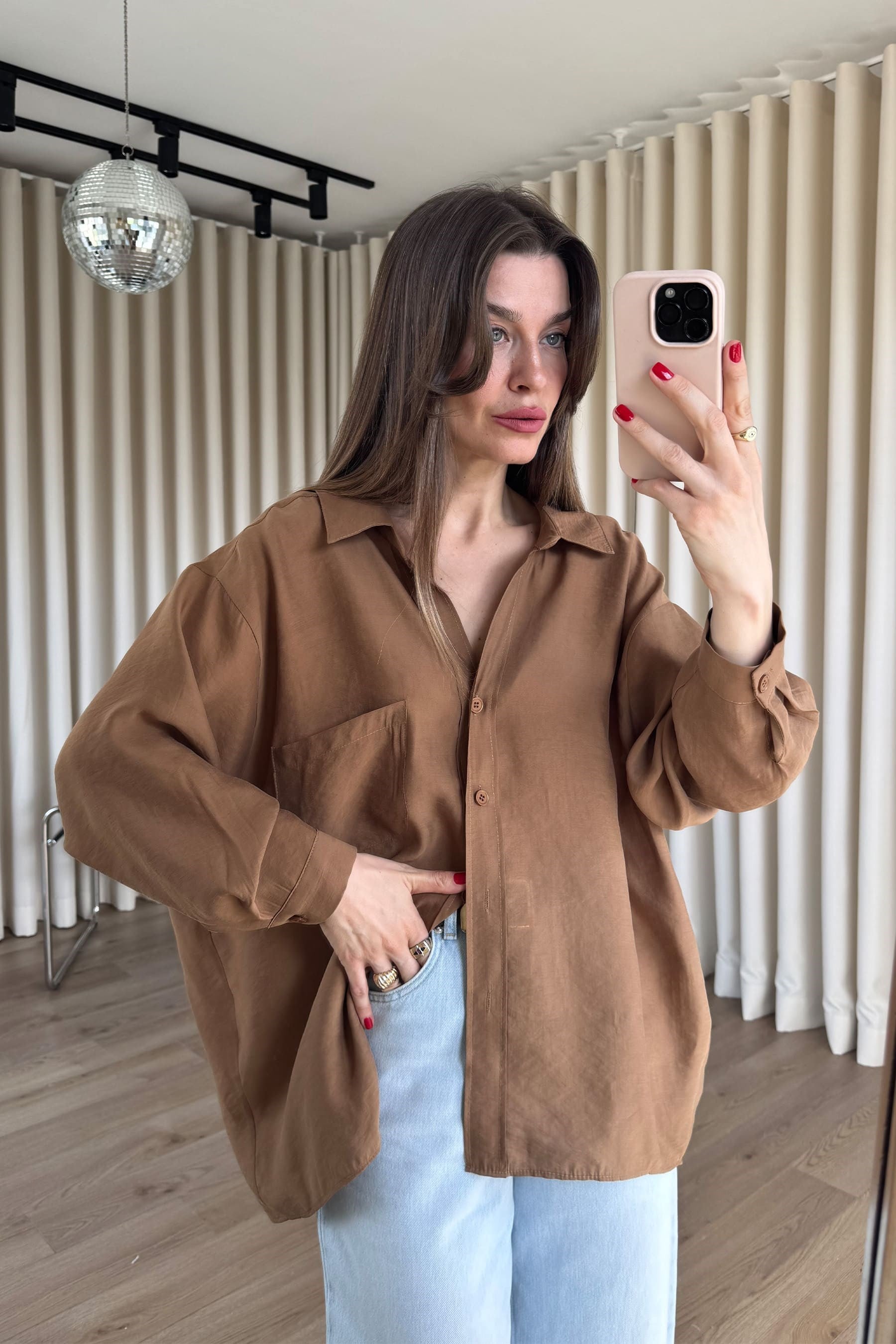 Camel Oversize Modal Kumaş Gömlek