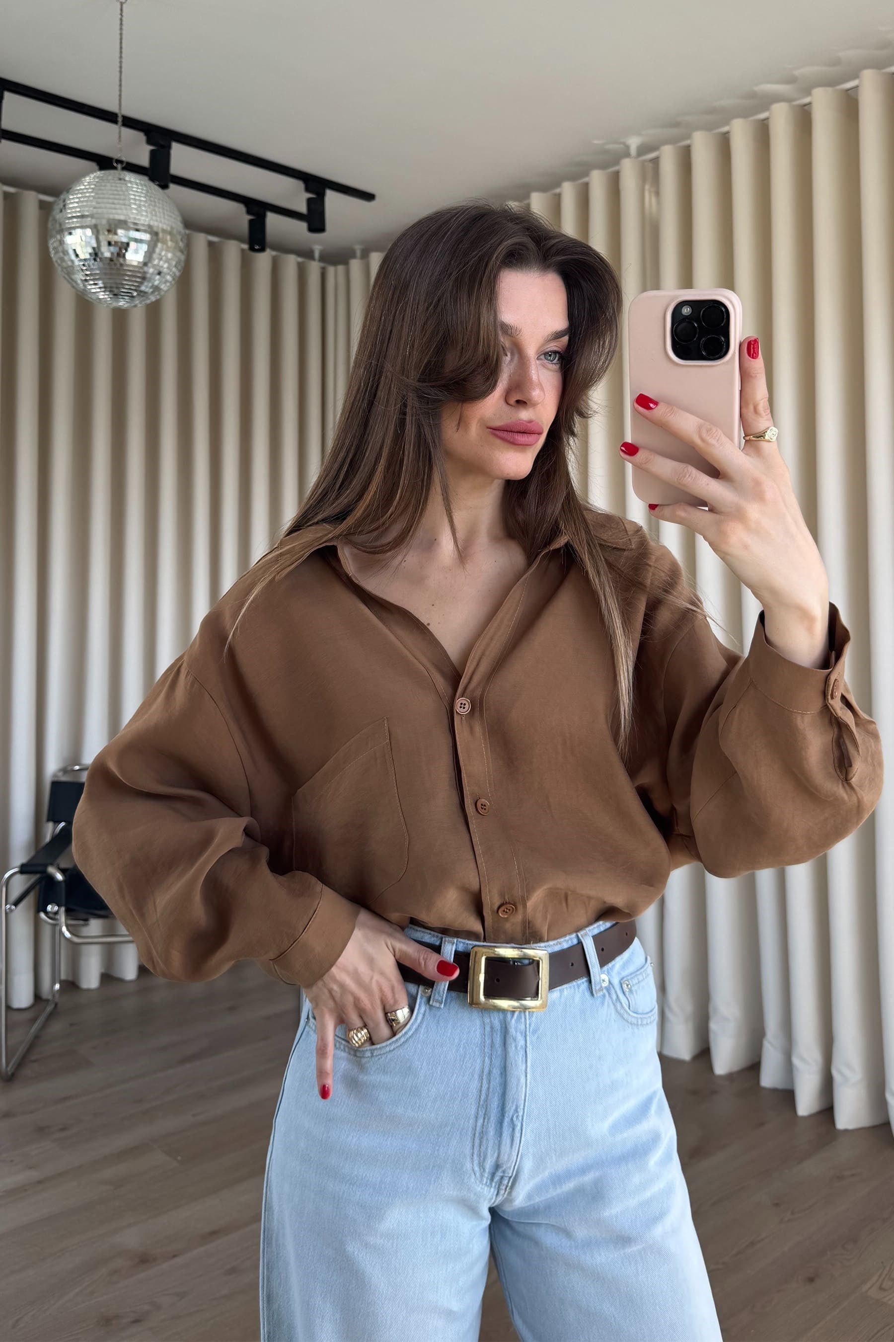 Camel Oversize Modal Kumaş Gömlek