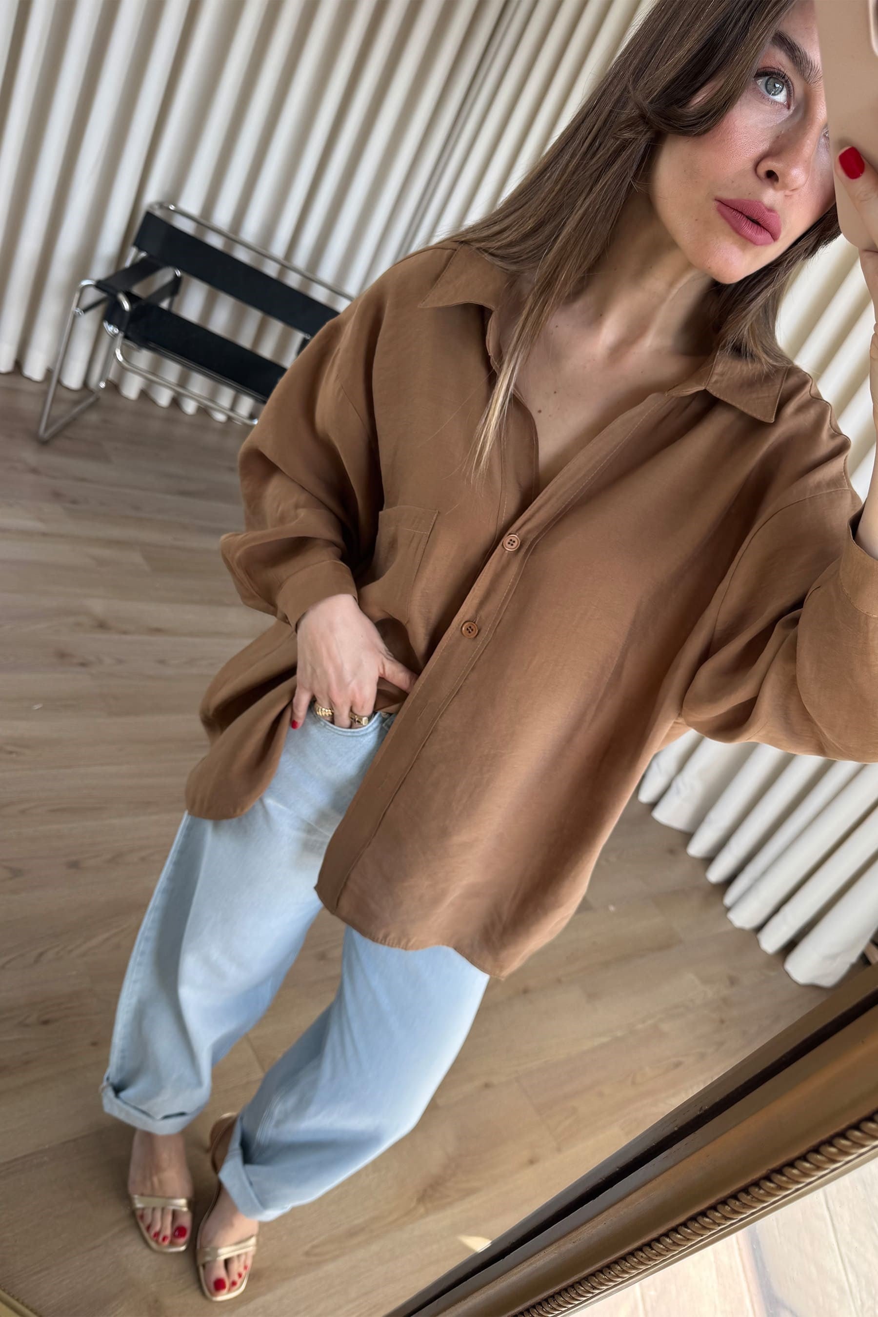 Camel Oversize Modal Kumaş Gömlek
