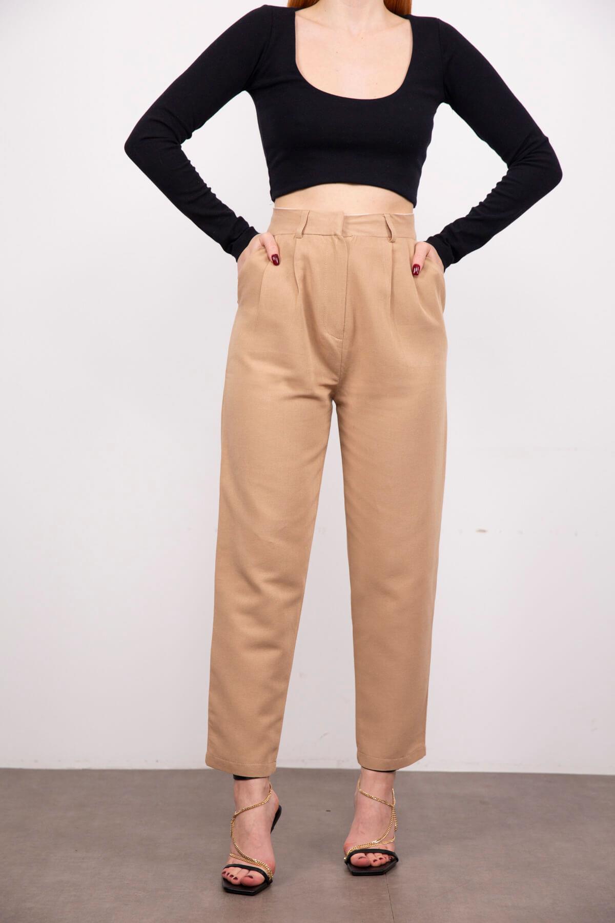 Camel Vatkalı Ceket Pantolon Keten Takım