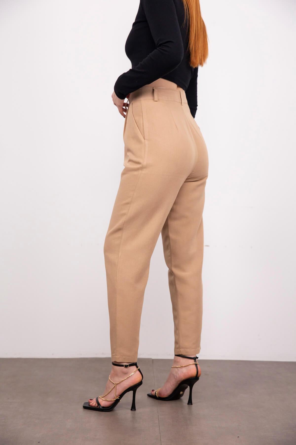 Camel Vatkalı Ceket Pantolon Keten Takım