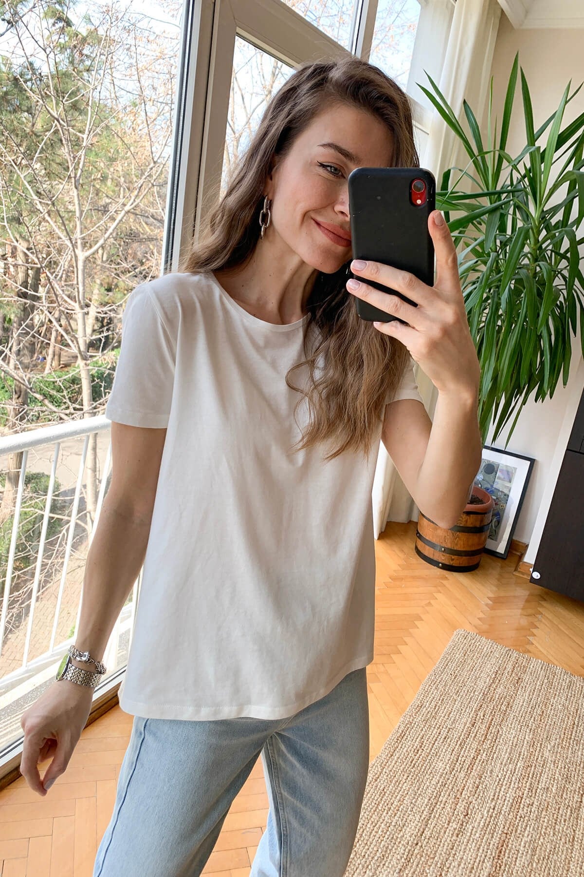 Ekru Bisiklet Yaka Basic T-Shirt