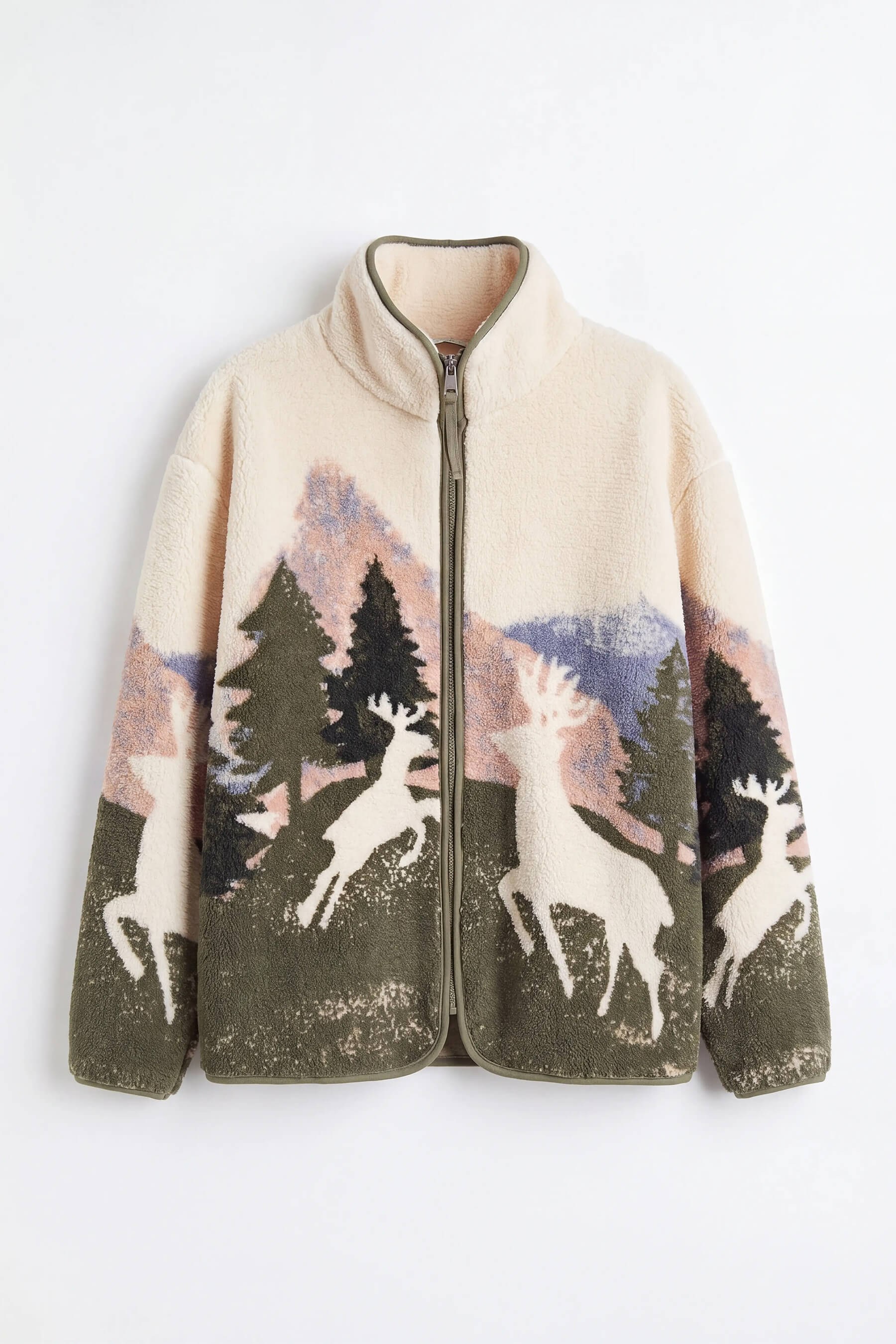 Ekru Haki Kış Desenli Fermuarlı Oversize Peluş Sweatshirt ÖN SİPARİŞ ALINMAKTADIR. 23.10.2026 TARİHİNDE KARGOYA VERİLECEKTİR