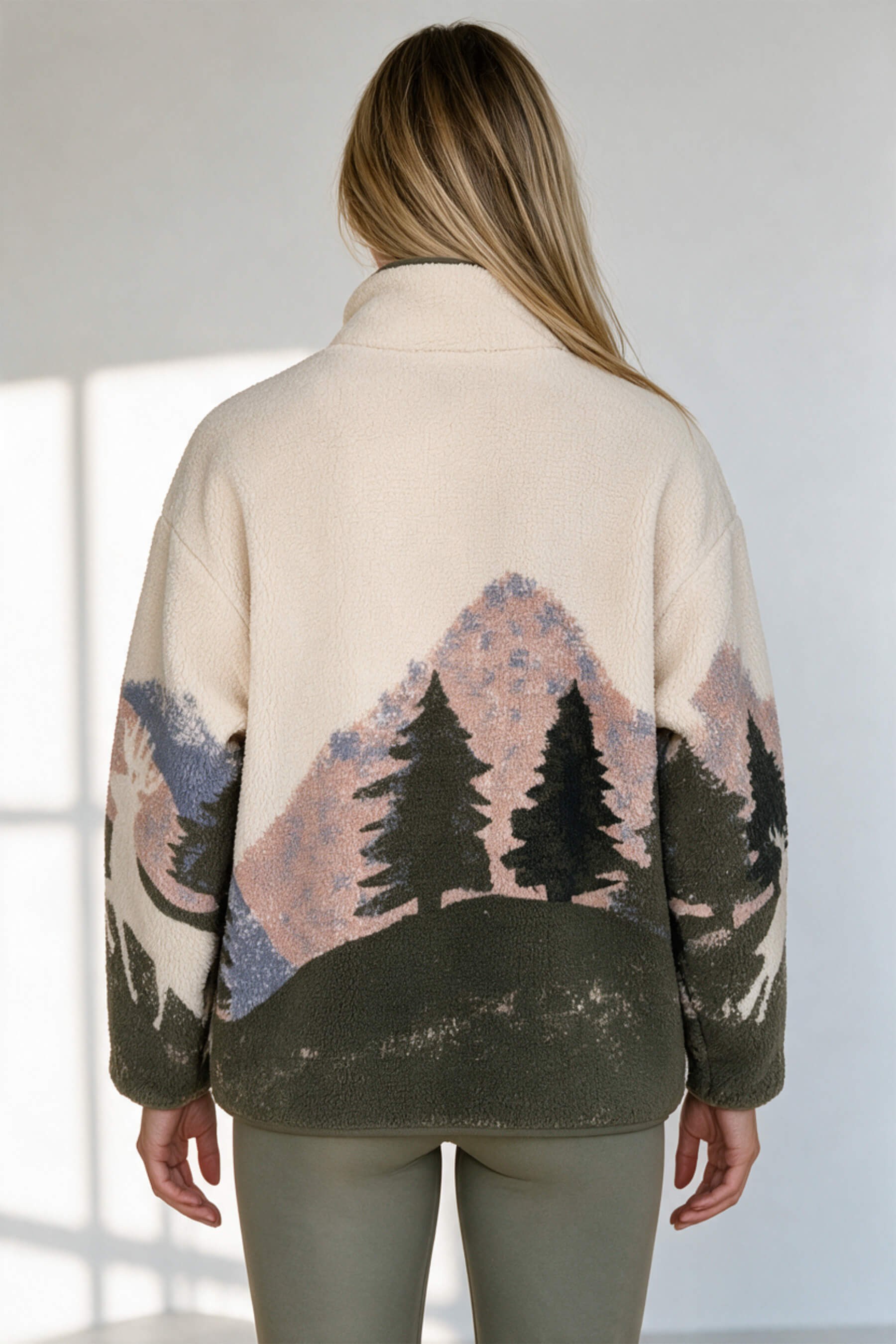 Ekru Haki Kış Desenli Fermuarlı Oversize Peluş Sweatshirt ÖN SİPARİŞ ALINMAKTADIR. 23.10.2026 TARİHİNDE KARGOYA VERİLECEKTİR
