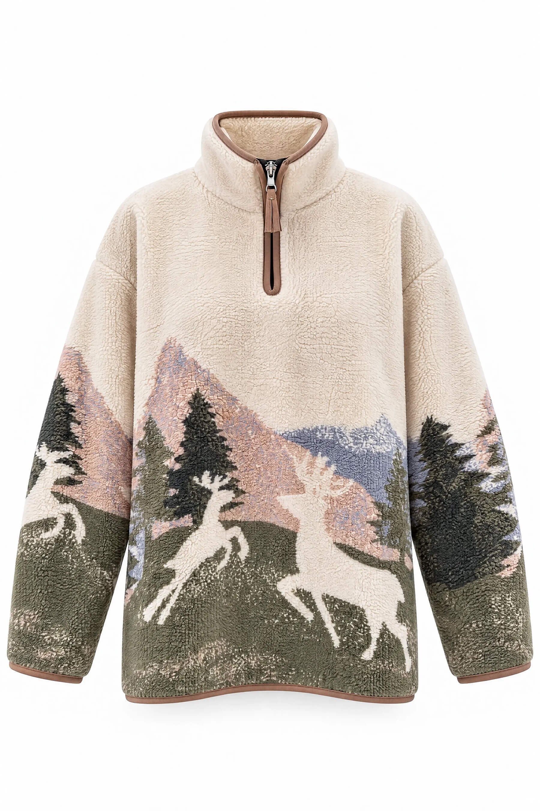 Ekru Haki Kış Desenli Yarım Fermuarlı Oversize Peluş Sweatshirt