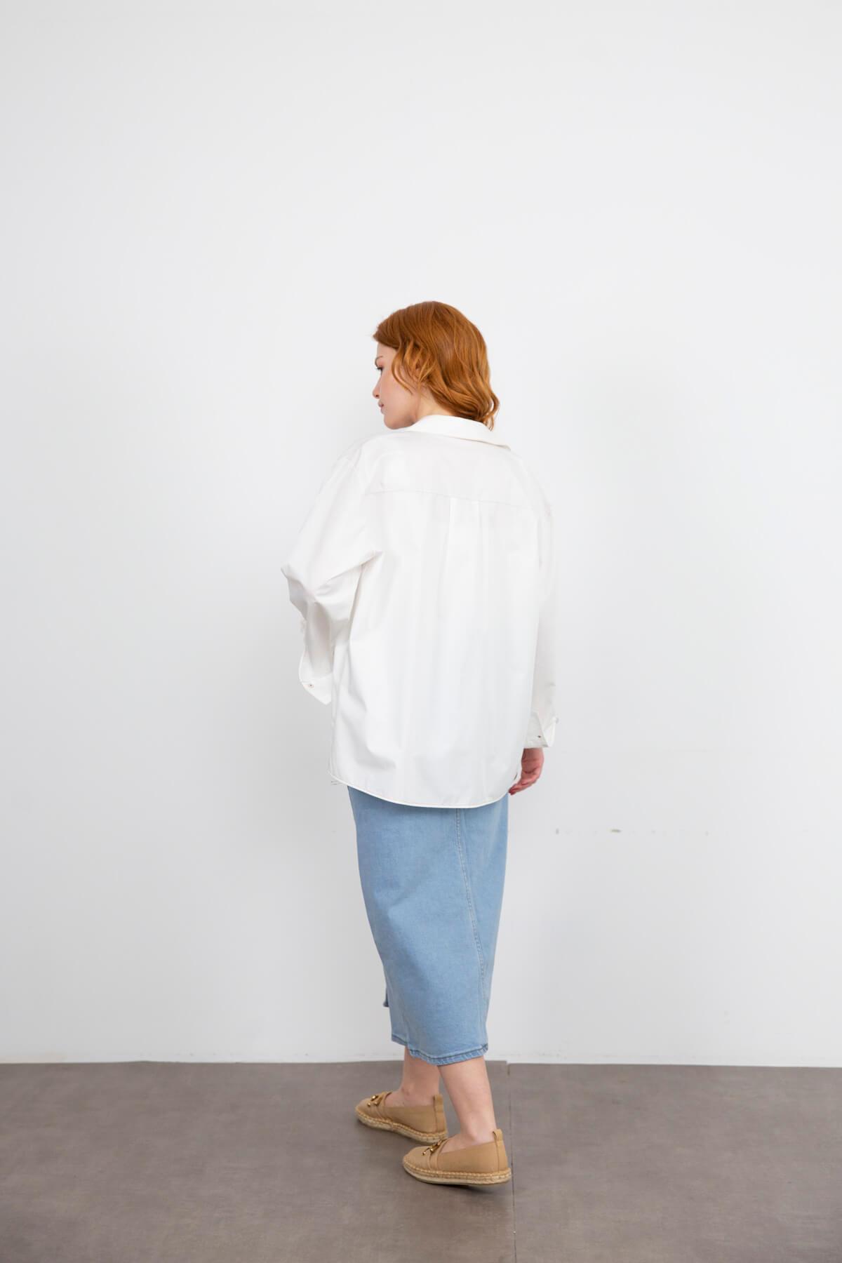 Ekru Kahve Dikişli Oversize Pamuklu Gömlek