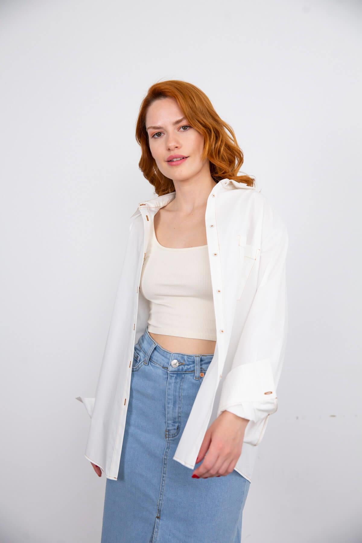 Ekru Kahve Dikişli Oversize Pamuklu Gömlek