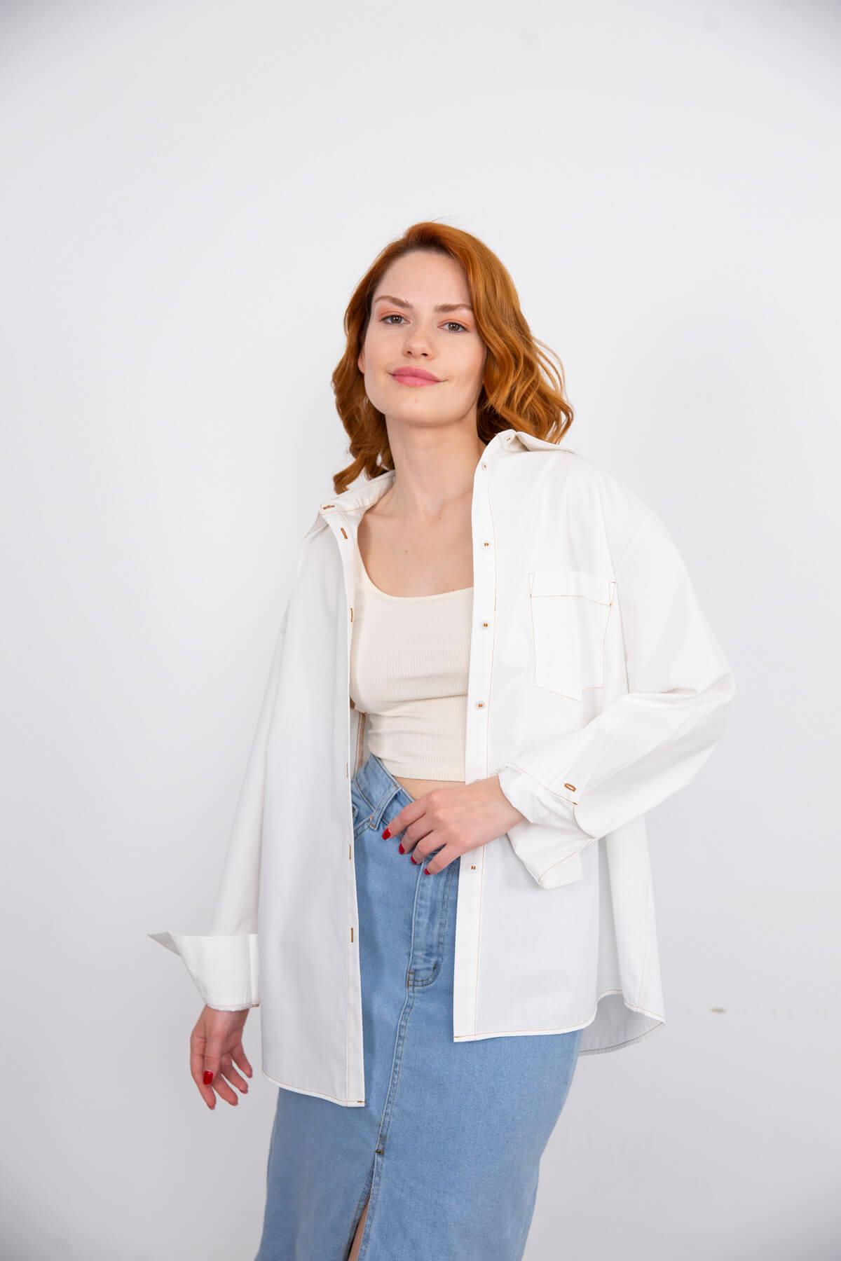 Ekru Kahve Dikişli Oversize Pamuklu Gömlek