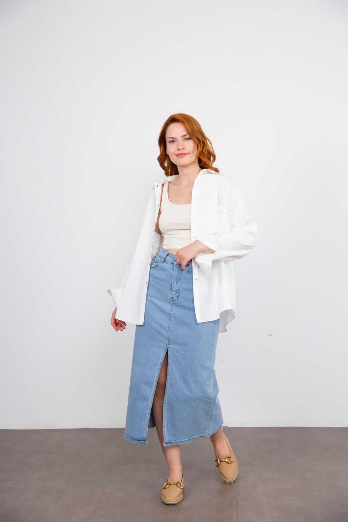 Ekru Kahve Dikişli Oversize Pamuklu Gömlek