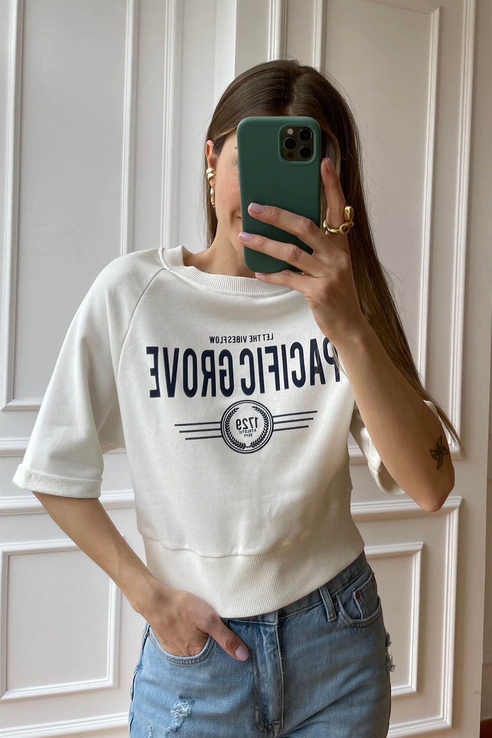 Ekru Kısa Kollu Crop Sweat