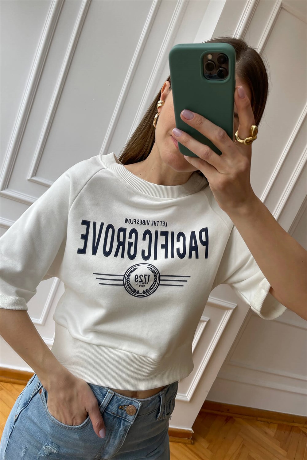 Ekru Kısa Kollu Crop Sweat