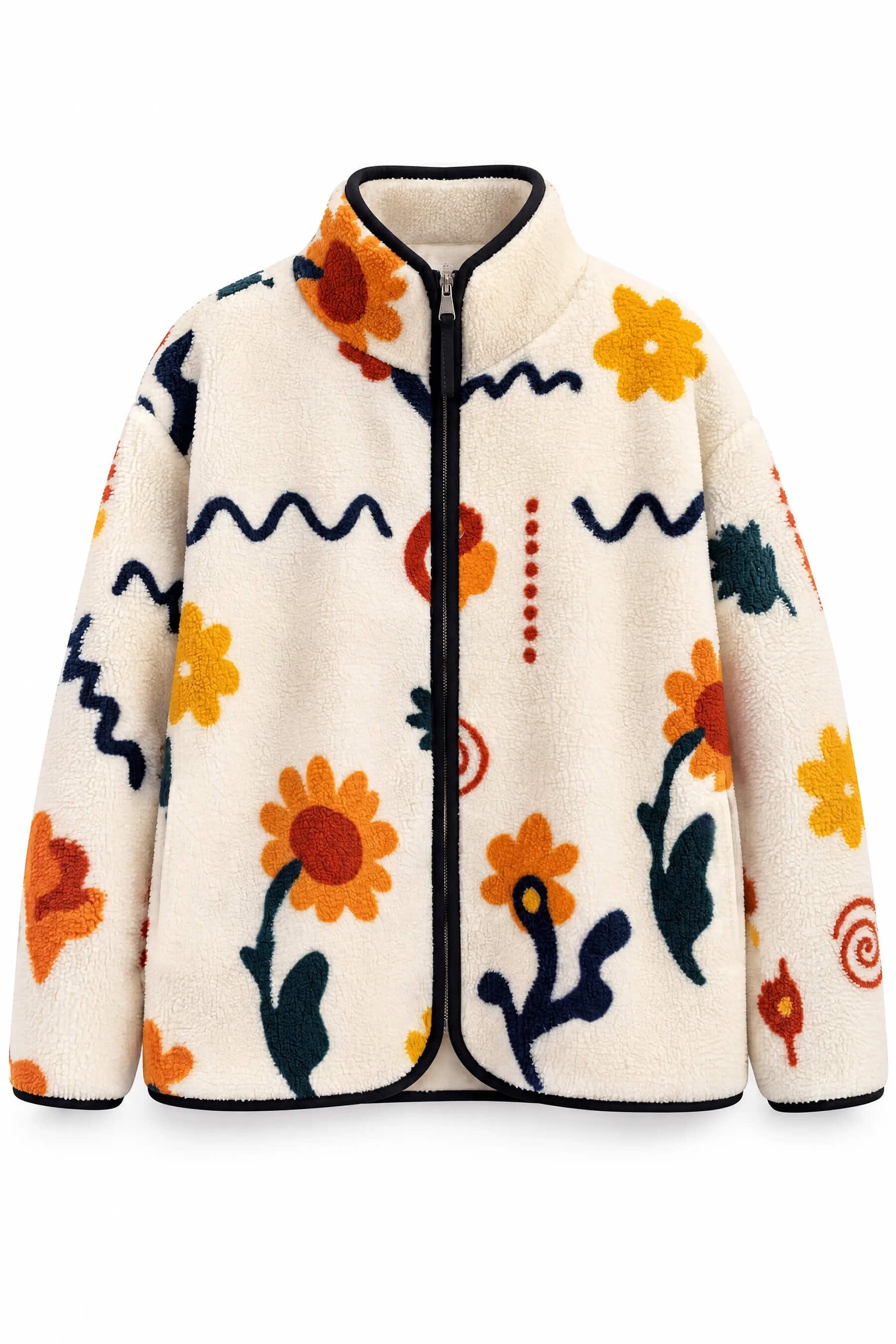 Ekru Lacivert Çiçek Desenli Fermuarlı Oversize Peluş Sweatshirt