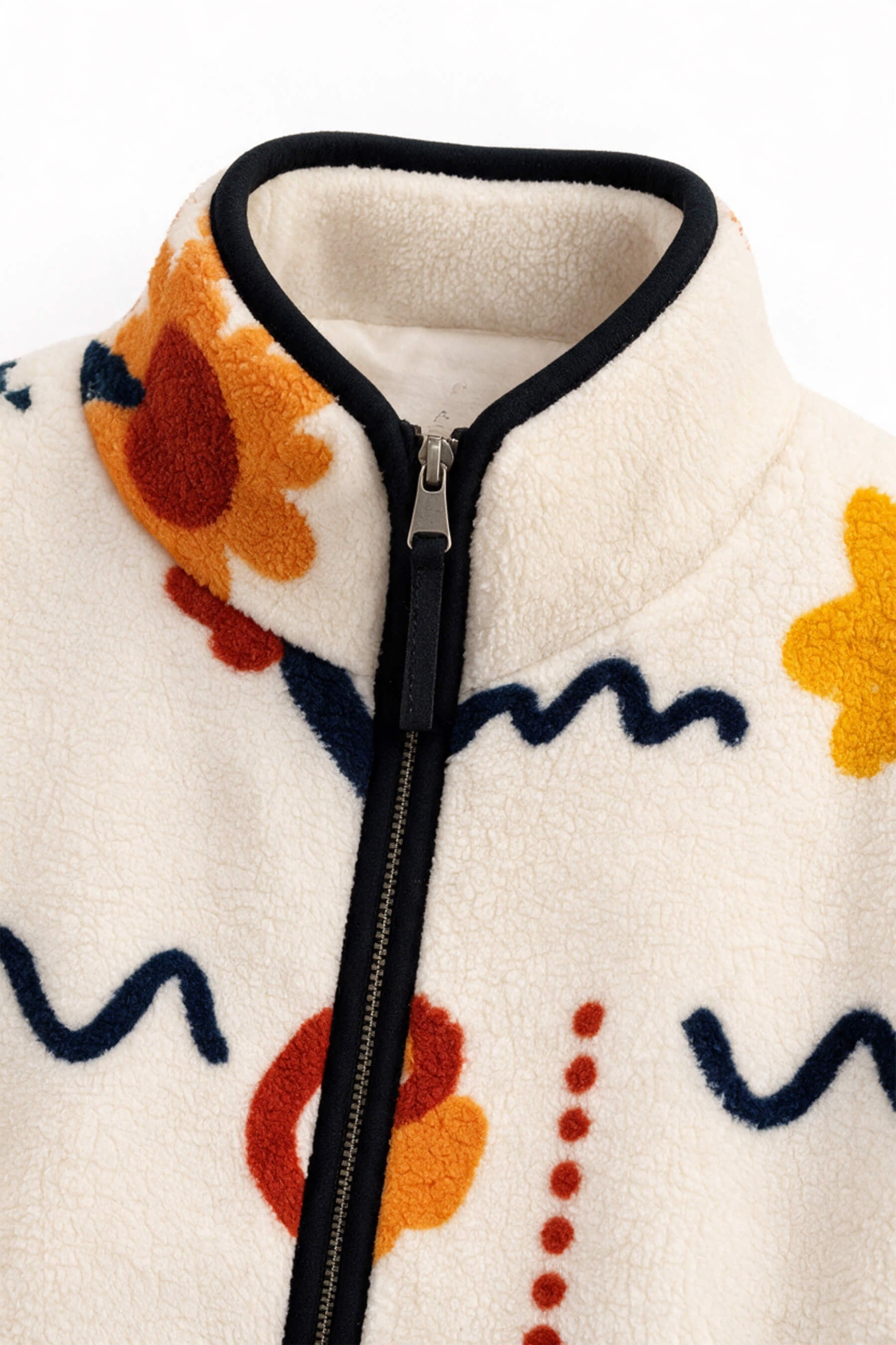 Ekru Lacivert Çiçek Desenli Fermuarlı Oversize Peluş Sweatshirt
