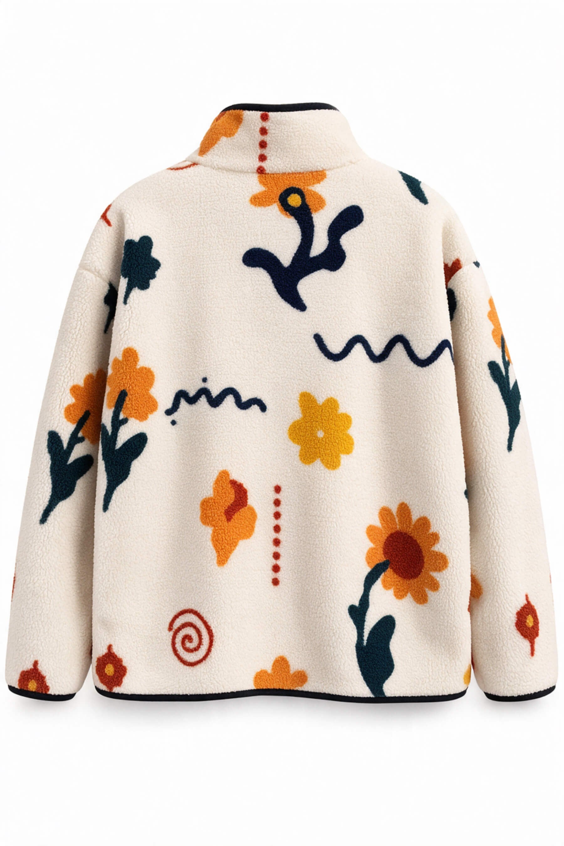 Ekru Lacivert Çiçek Desenli Fermuarlı Oversize Peluş Sweatshirt